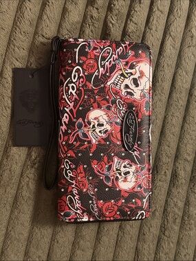 Ed Hardy Rhinestone Black & Red Skull Rose Wristlet Wallet